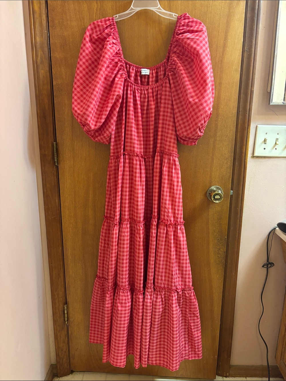Red Gingham Maxi Dress with Puff Sleeves